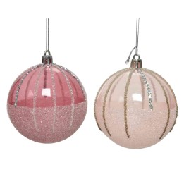 Two glittery ornaments in pink and soft blush, showcasing striped designs and a shiny finish.