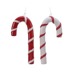 Two festive candy cane ornaments, one red and white striped, hanging with a shiny finish.