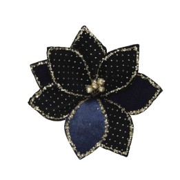A layered flower brooch in dark blue and black, adorned with sparkling beads.