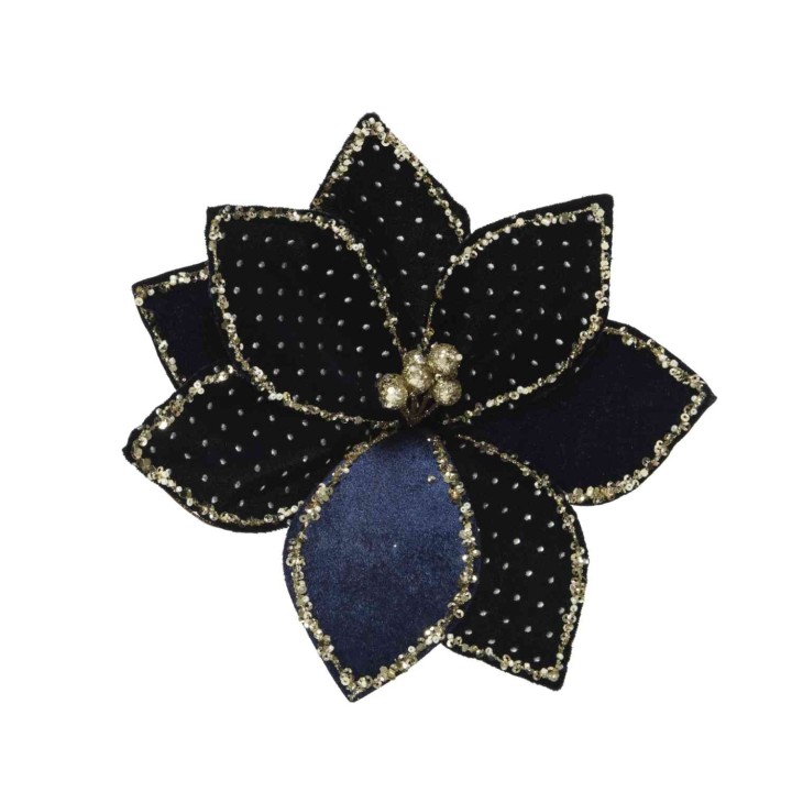 A layered flower brooch in dark blue and black, adorned with sparkling beads.