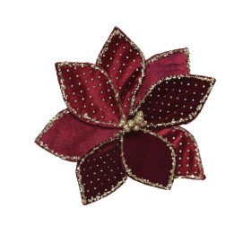 A rich burgundy flower with velvety petals and shimmering bead accents.