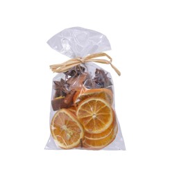 A clear bag filled with dried orange slices and aromatic spices tied with a natural twine.