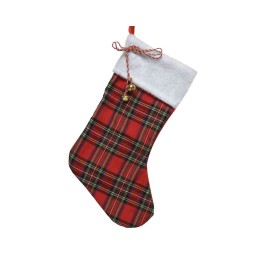 Kerstsok in rood en groen ruitpatroon, met een witte rand en een versiering van belletjes.
