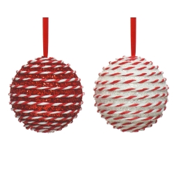2 baubles, red and white,...