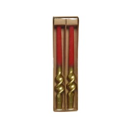 Two red twisted candles with gold holders, elegantly packaged in a simple box.