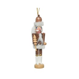 A wooden nutcracker figure with fur accents, colorful attire, and a cheerful expression.