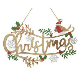 Décor en bois festif avec « Christmas », rouge-gorge et feuillage coloré.