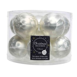 A clear container filled with shiny silver and white glass Christmas ornaments.
