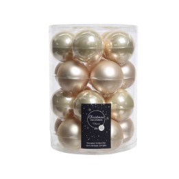 A transparent container filled with shiny gold and cream Christmas ornaments.