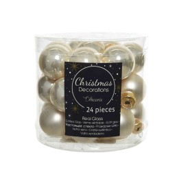 A clear container filled with shiny gold and silver glass Christmas ornaments.