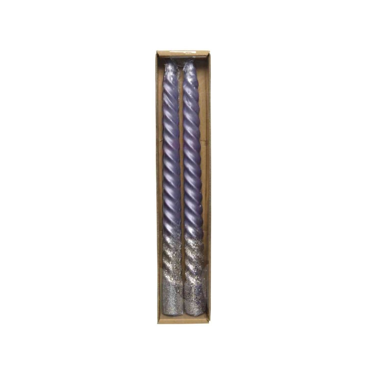 Two twisted purple candles with sparkly silver bases, neatly packaged in a simple box.