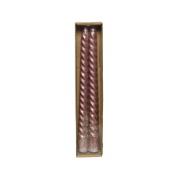 Two twisted, pink candles with a glittery base in a simple cardboard box.