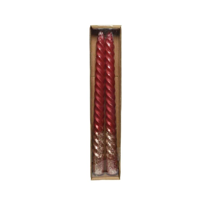 Two twisted red candles with a glittery base, packaged in a simple cardboard box.