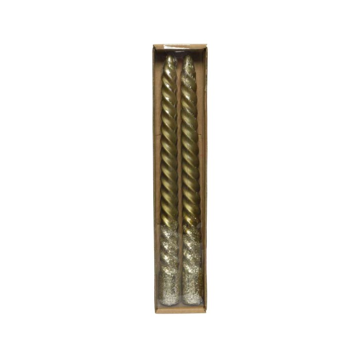 Two twisted gold candles with glitter, packaged in a simple brown box.