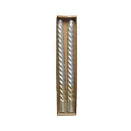 Two twisted silver candles with gold glitter at the base, packaged in a simple box.