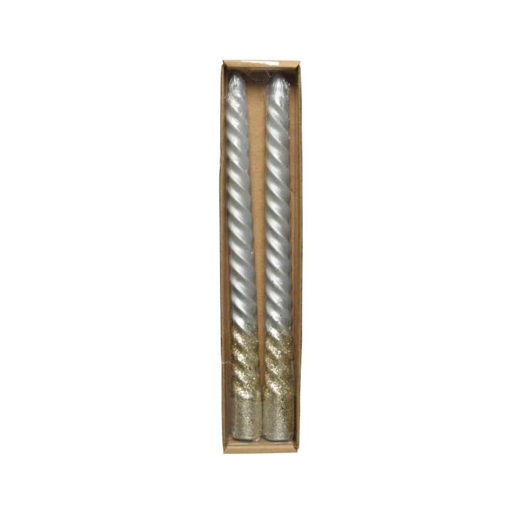 Two twisted silver candles with gold glitter at the base, packaged in a simple box.