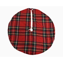 Tissu rond à motifs écossais rouges, verts et noirs, avec un cordon blanc pour le fermer.