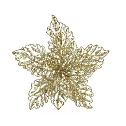 A shimmering gold star made of intricate, leaf-like patterns reflecting light beautifully.