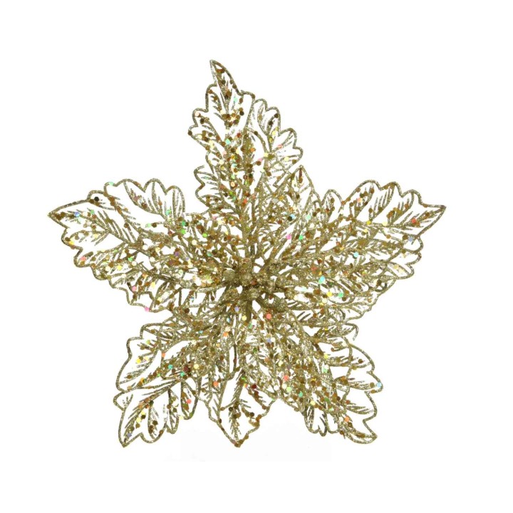 Gouden stervormige ornament met glinsterende bladeren en een feestelijke uitstraling.