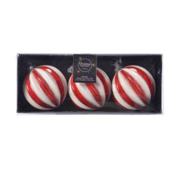 Trois boules de Noël rayées rouges et blanches, présentées dans un emballage transparent.
