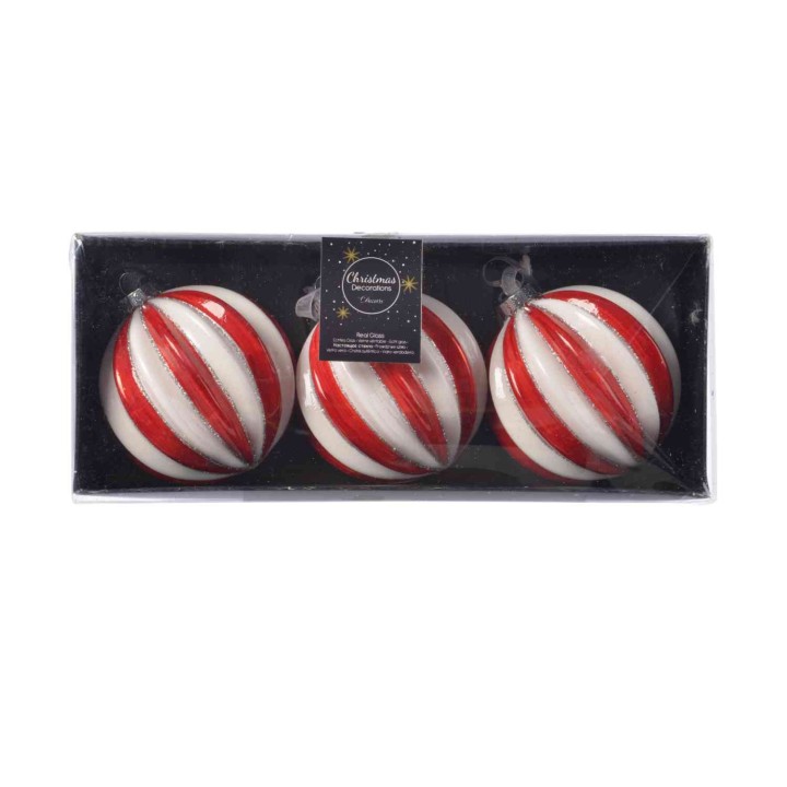 Drie grote kerstballen in rood en wit gestreept, verpakt in een zwarte doos.