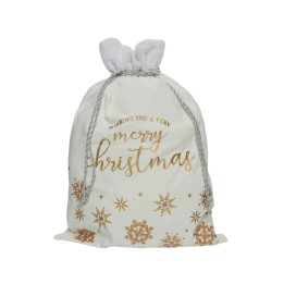 A festive white bag with gold lettering and snowflake designs, topped with a soft drawstring.