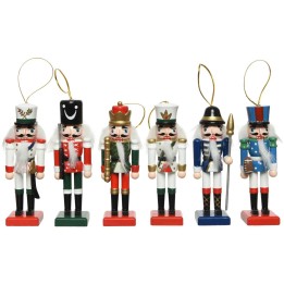 Zes kleurrijke houten notenkrakers in verschillende uniformen, met details en glanzende accenten.