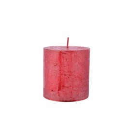Bougie cylindrique rouge, surface texturée, ambiance chaleureuse et apaisante.