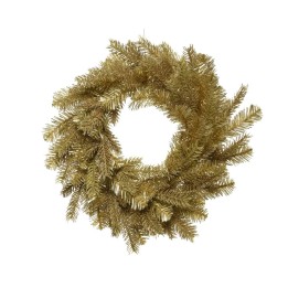A shimmering gold wreath made of delicate, faux pine branches.