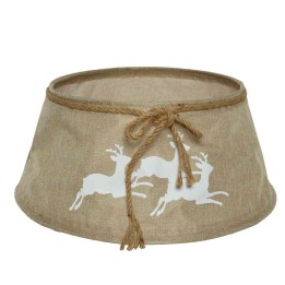 Panier en toile beige orné de silhouettes de rennes blanches, cordon en jute.