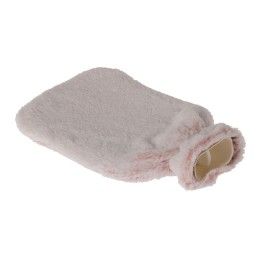 A soft, fluffy pink hot water bottle cover with a cozy, textured surface.