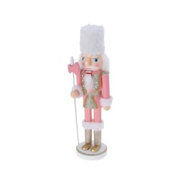 Een schattige roze notenkraker met glitters, witte bontaccenten en gouden laarzen.