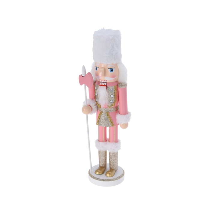 A pink and gold nutcracker figure with a fluffy white hat and glimmering details.
