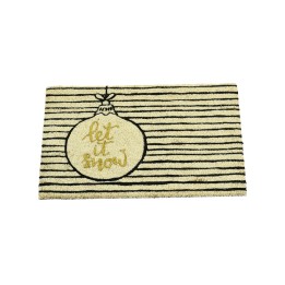 Tapis rectangulaire beige avec motifs de rayures et inscription dorée "let it snow" en boule.
