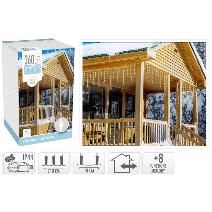 A cozy wooden porch adorned with cascading white LED lights, creating a warm atmosphere.