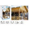 A cozy wooden porch adorned with cascading white LED lights, creating a warm atmosphere.