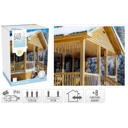 A cozy wooden porch adorned with cascading LED fairy lights.