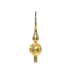 Gouden ornament met een bolvormige basis en een lange, spitse top. Elegante, glanzende afwerking.