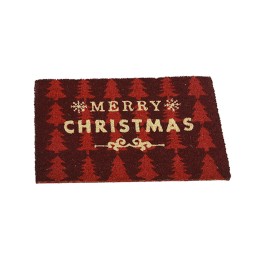 Red doormat with "Merry Christmas" and green trees in a festive design.