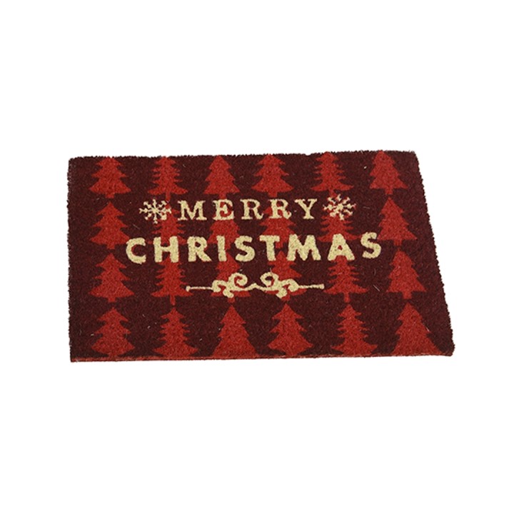 Red doormat with "Merry Christmas" and green trees in a festive design.