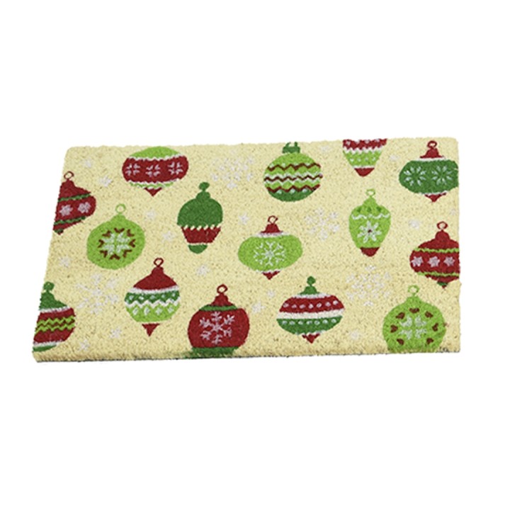 A yellow mat adorned with colorful, festive Christmas ornaments in red and green.