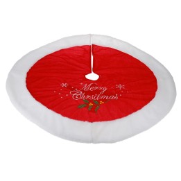 Rode kerstboomrok met witte rand en 'Merry Christmas' in het midden, versierd met takjes.