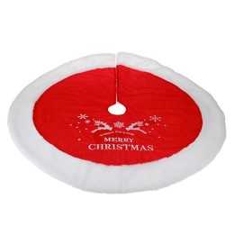 Rode kerstboomrok met witte rand en opdruk van "Merry Christmas" en rendieren.