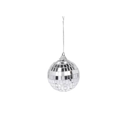 A shiny, silver disco ball reflecting light with small square mirrors. A shiny, silver disco ball reflecting light with small square mirrors.