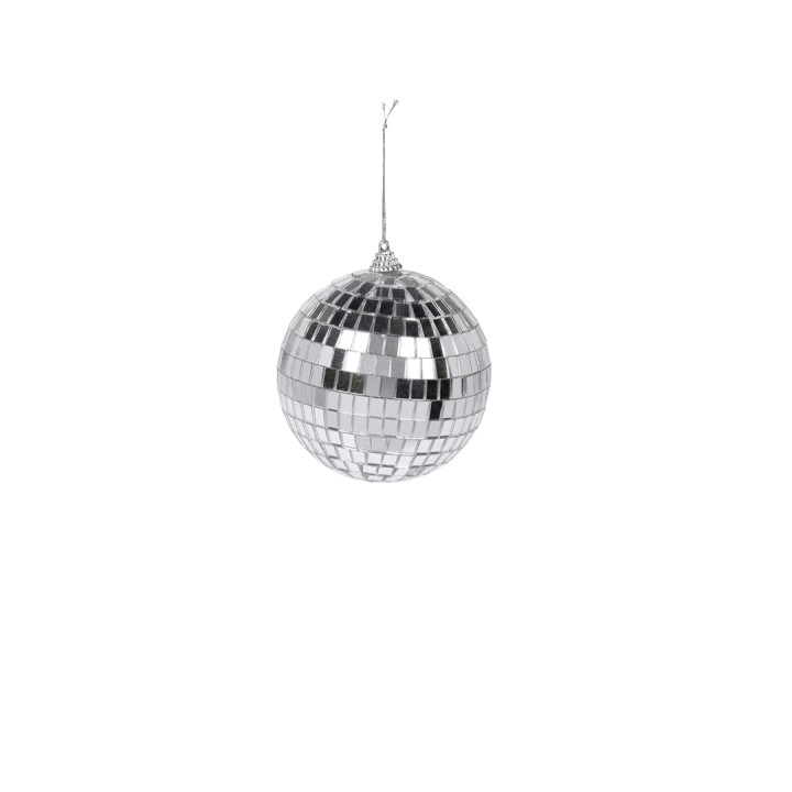 Glanzende, ronde discobal met reflecterende vierkante stukjes in een minimalistische setting.