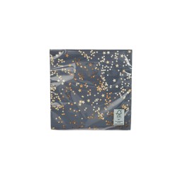 Dark blue wrapping paper adorned with scattered gold and silver star shapes.