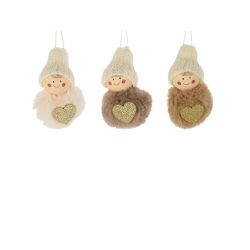 Three plush dolls with smiling faces and knitted hats, each adorned with a glittery heart.