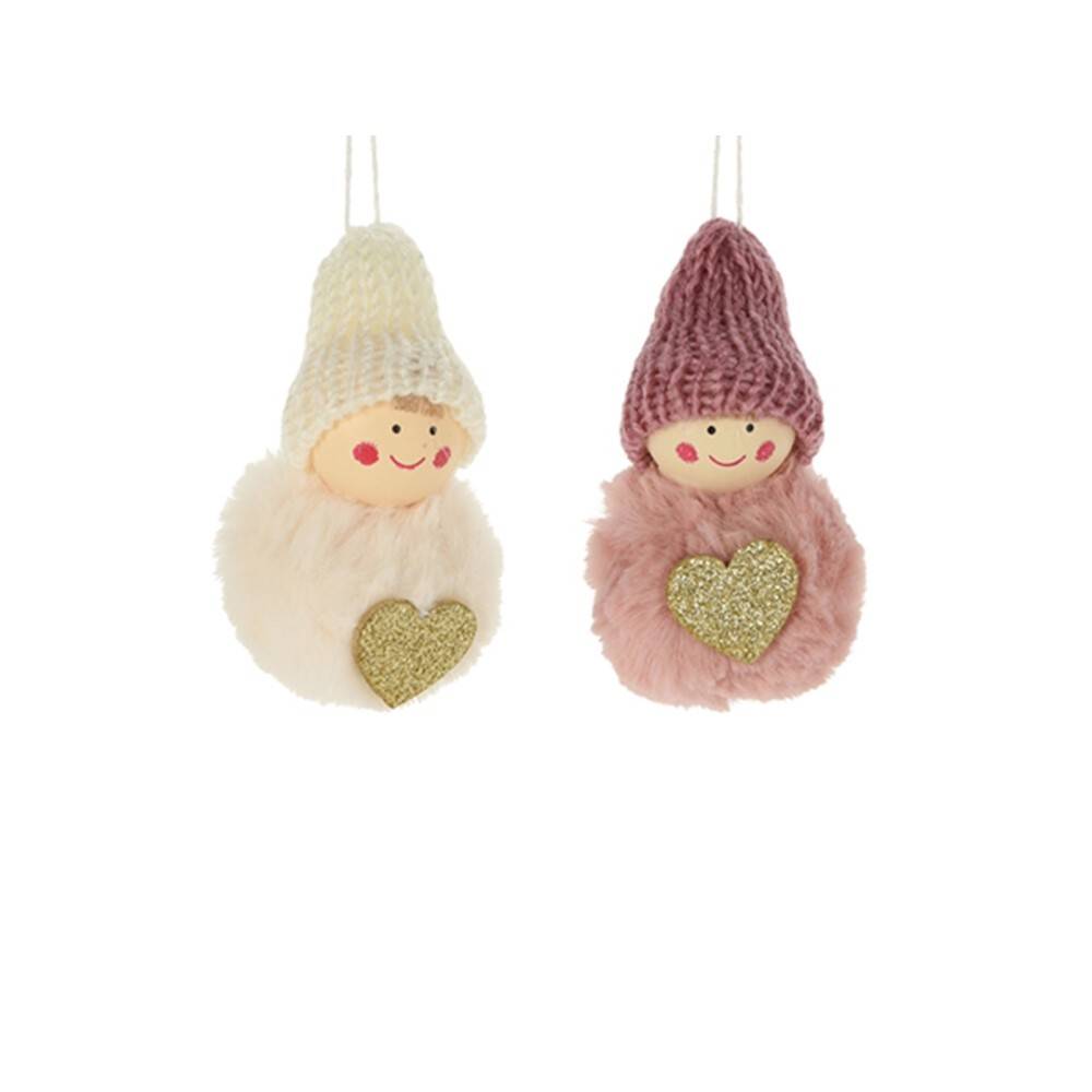 Two cute, fuzzy ornaments with smiling faces, knit hats, and heart-shaped embellishments.