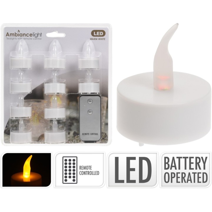 A set of LED tealight candles with a remote control, featuring a soft, flickering flame design.