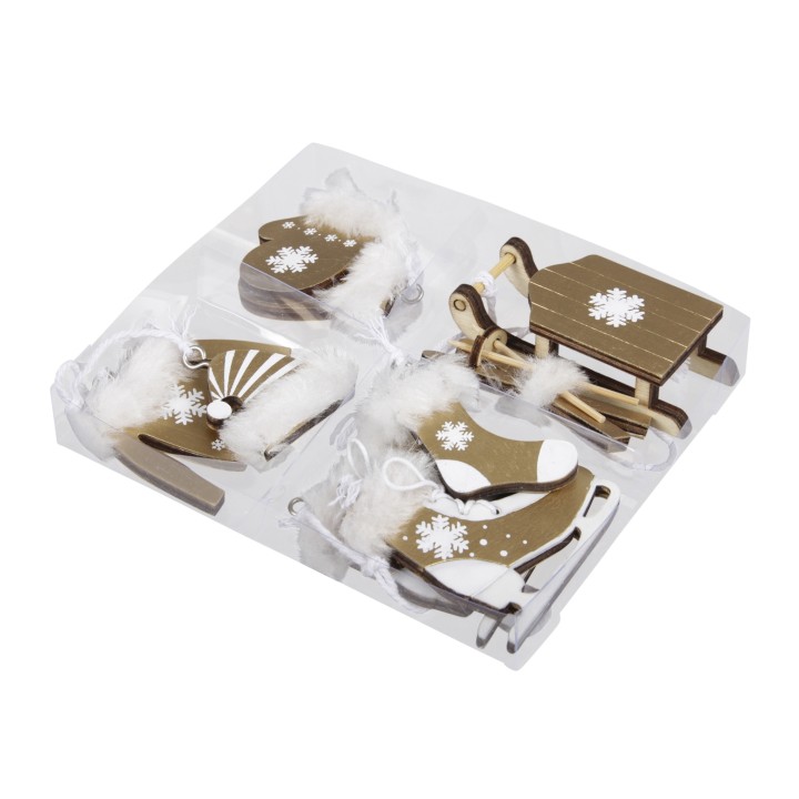 Wooden holiday decorations in festive shapes with white accents and soft fur trim.